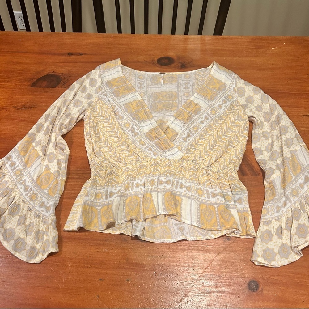 Free People Yellow & White Printed Peplum Blouse